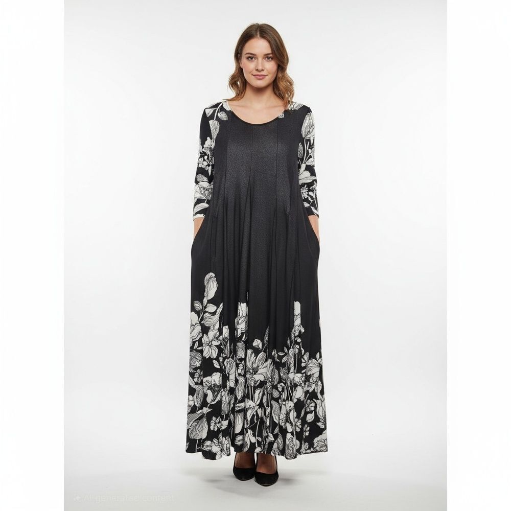 REBORN Black White Floral Print Maxi Dress 3/4 Sleeves Pockets Size XL NWT!
